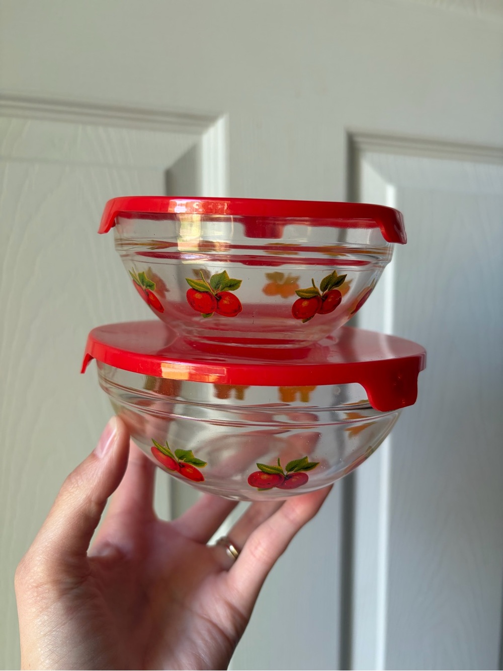 Vintage glass nesting bowls fruit apple w/ lids